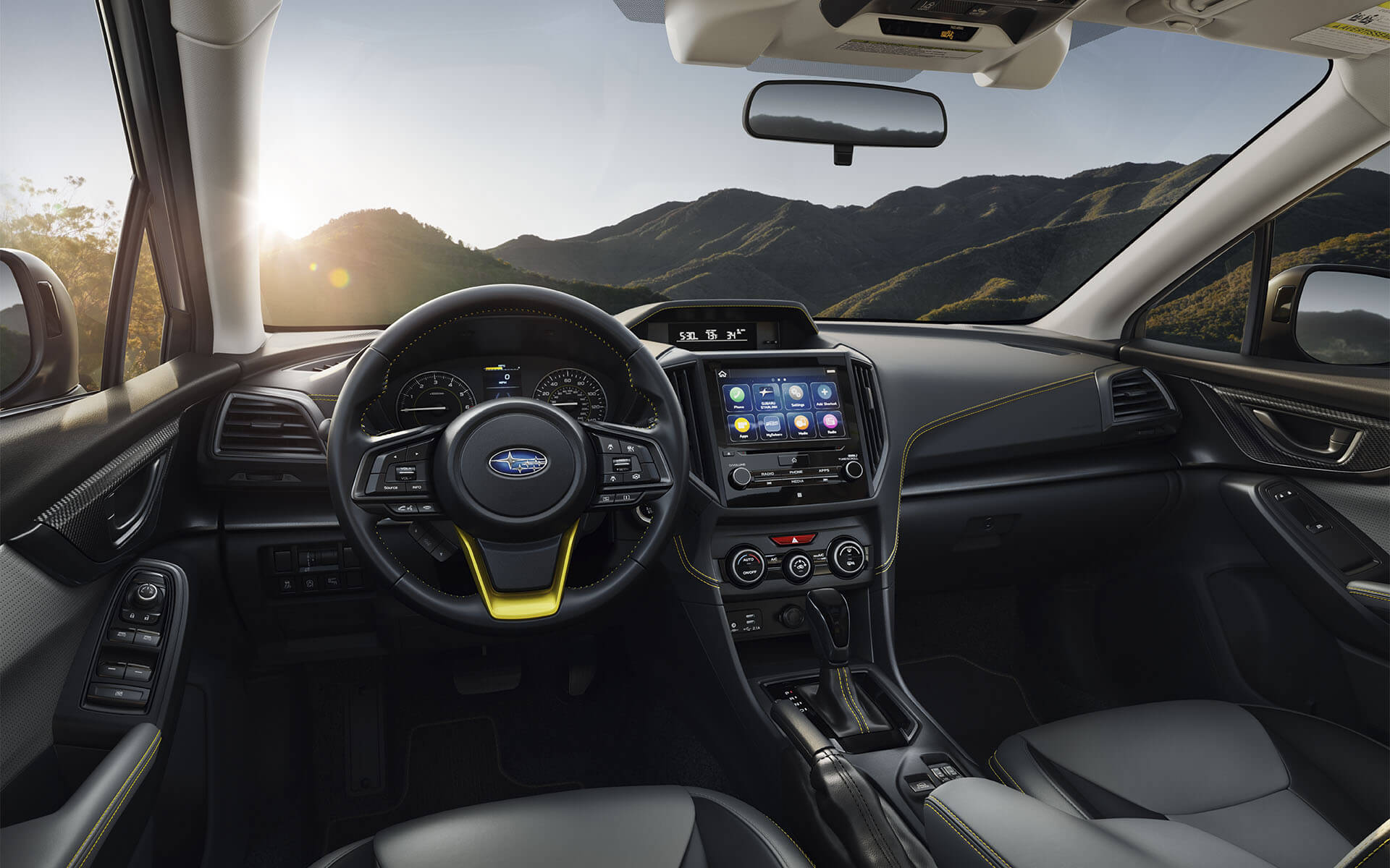 The dashboard and steering wheel of the Subaru Crosstrek Sport